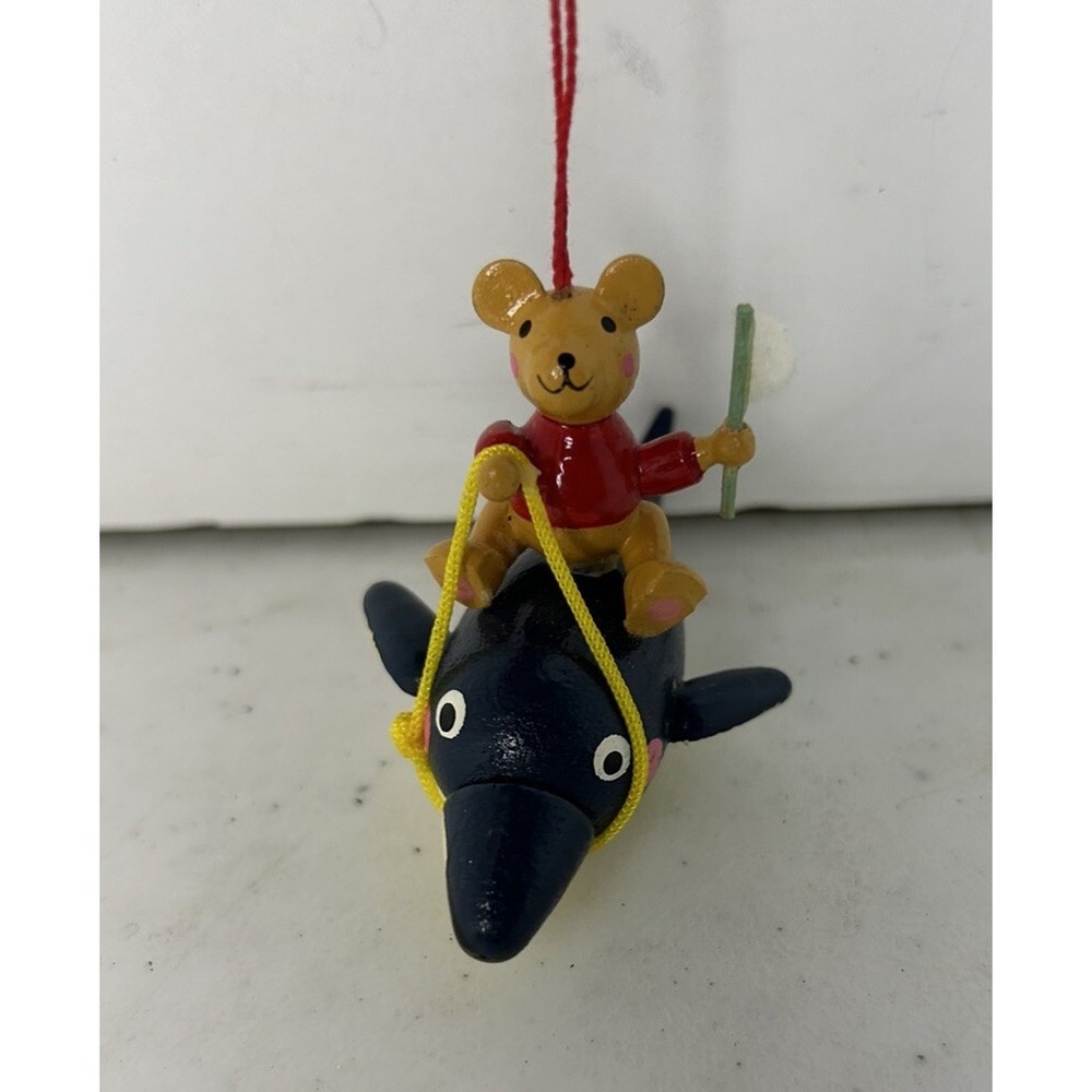 Miniature Wooden Christmas Ornament Bear on Dolphin